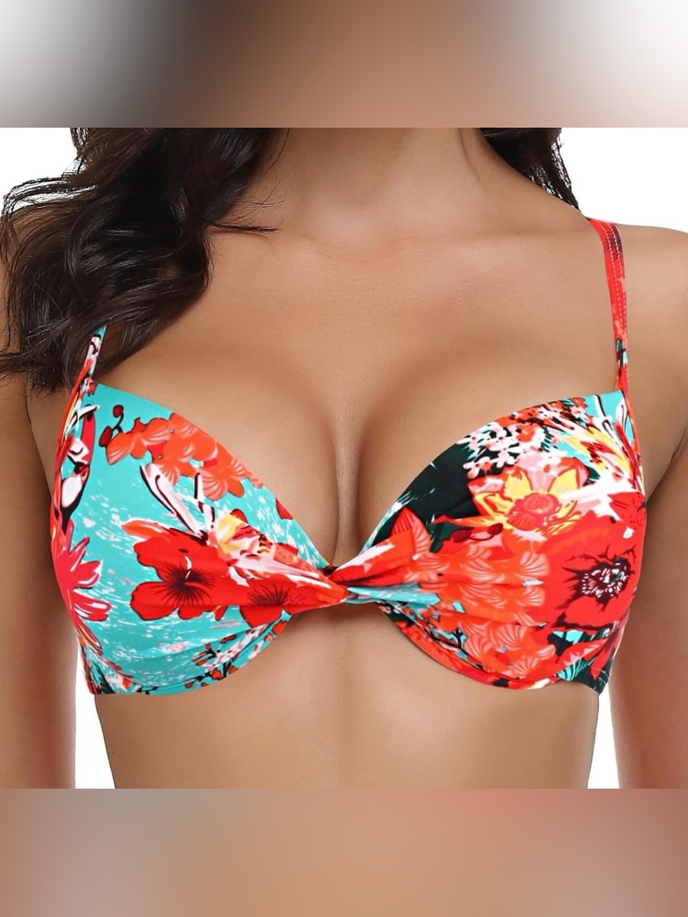 Twist-Front Floral Bandeau Bikini Top in Turquoise & Red